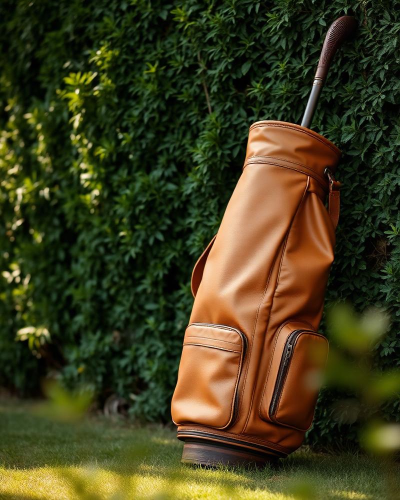 Tan leather golf bag against a forest hedge